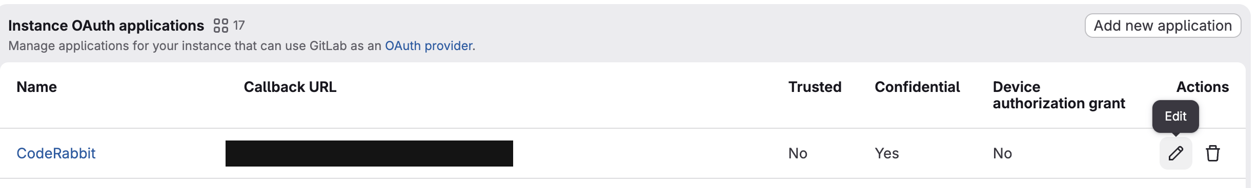GitLab instance OAuth applications list with the edit action highlighted for the CodeRabbit application