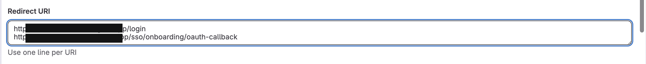 GitLab OAuth application Redirect URI field showing two redirect URIs on separate lines