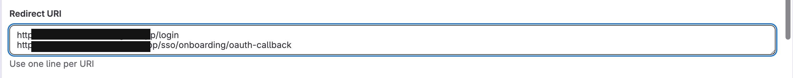 GitLab OAuth application Redirect URI field showing two redirect URIs on separate lines