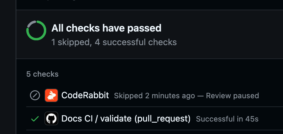 GitHub merge box listing the CodeRabbit check as Skipped with the title Review paused, and a successful Docs CI validate check