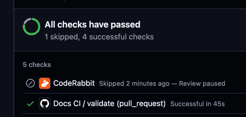 GitHub merge box listing the CodeRabbit check as Skipped with the title Review paused, and a successful Docs CI validate check