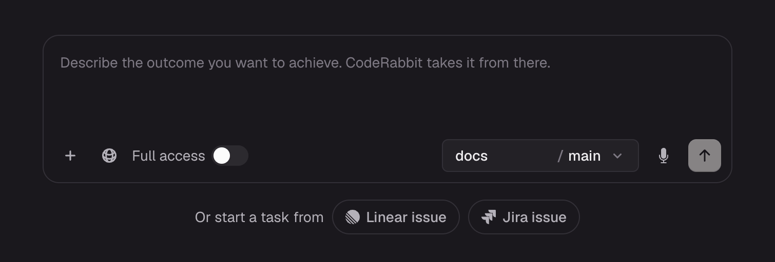Starting a new coding task by describing the outcome, choosing a repository and branch, or starting from a Linear or Jira issue