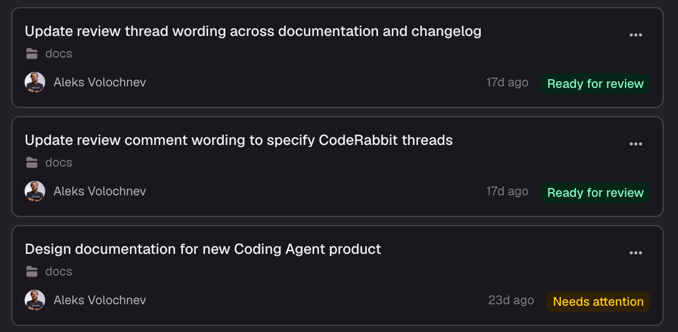 A list of coding tasks, each showing its title, repository, requester, age, and status