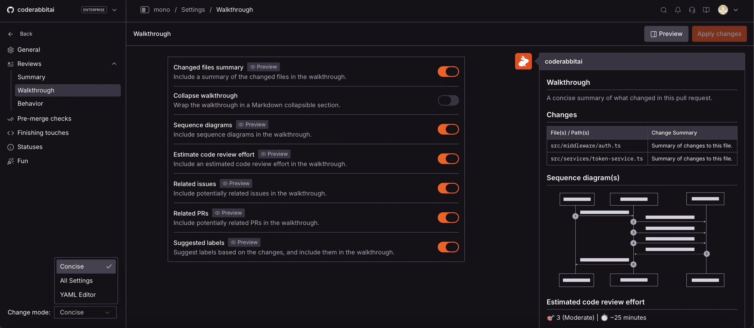 Concise mode with the Preview panel showing a live mock of how walkthrough settings affect the PR review comment