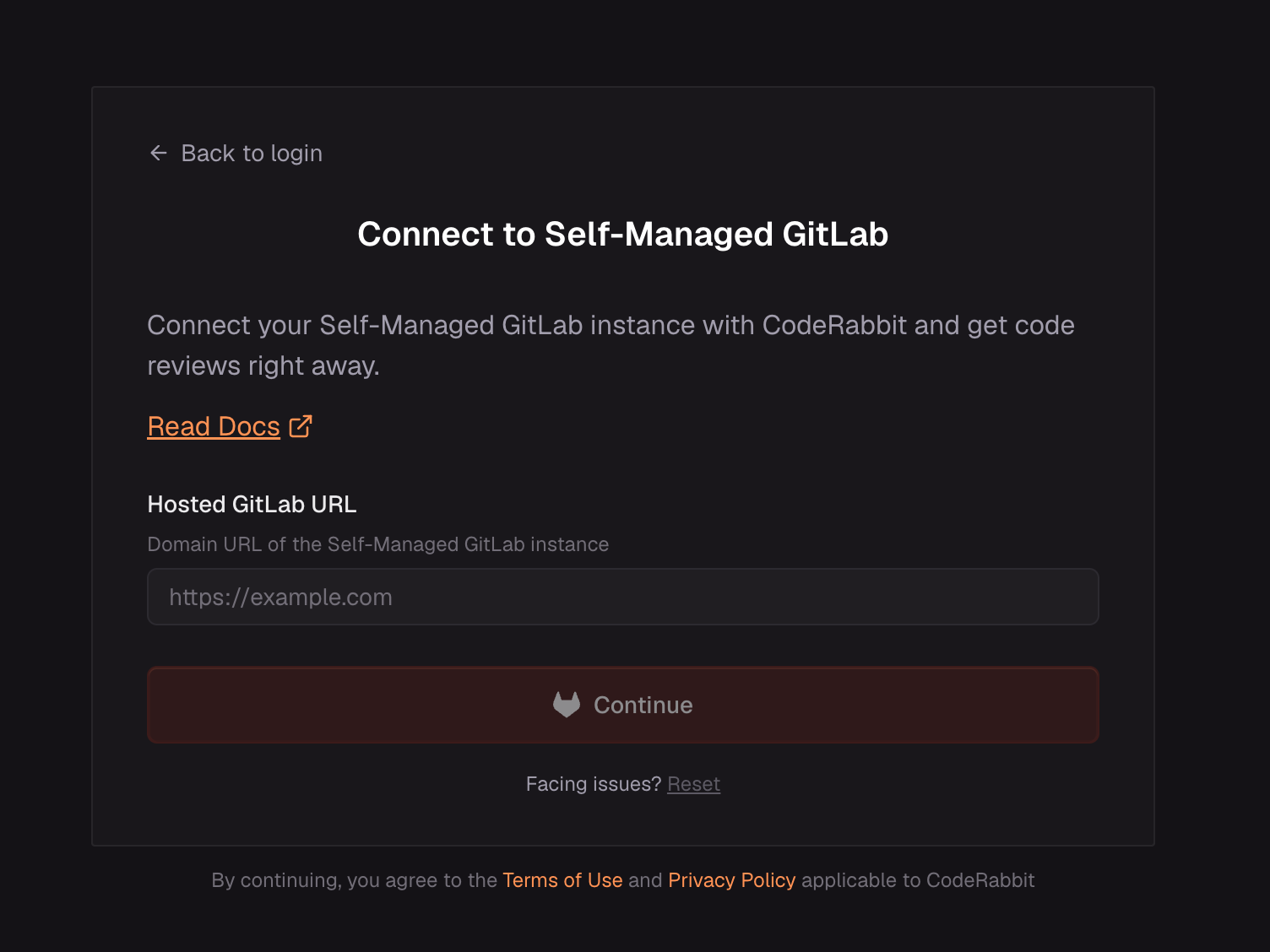 Connect to Self-Managed GitLab page with the GitLab instance URL field