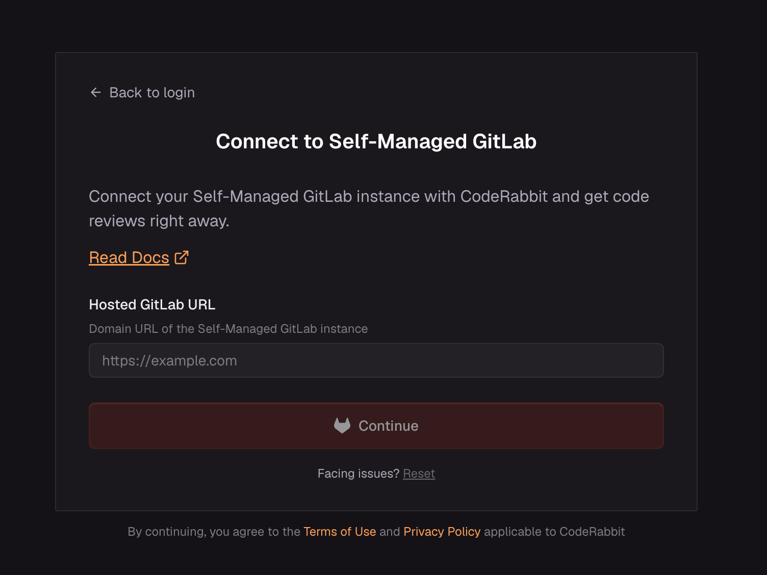 Connect to Self-Managed GitLab page with the GitLab instance URL field