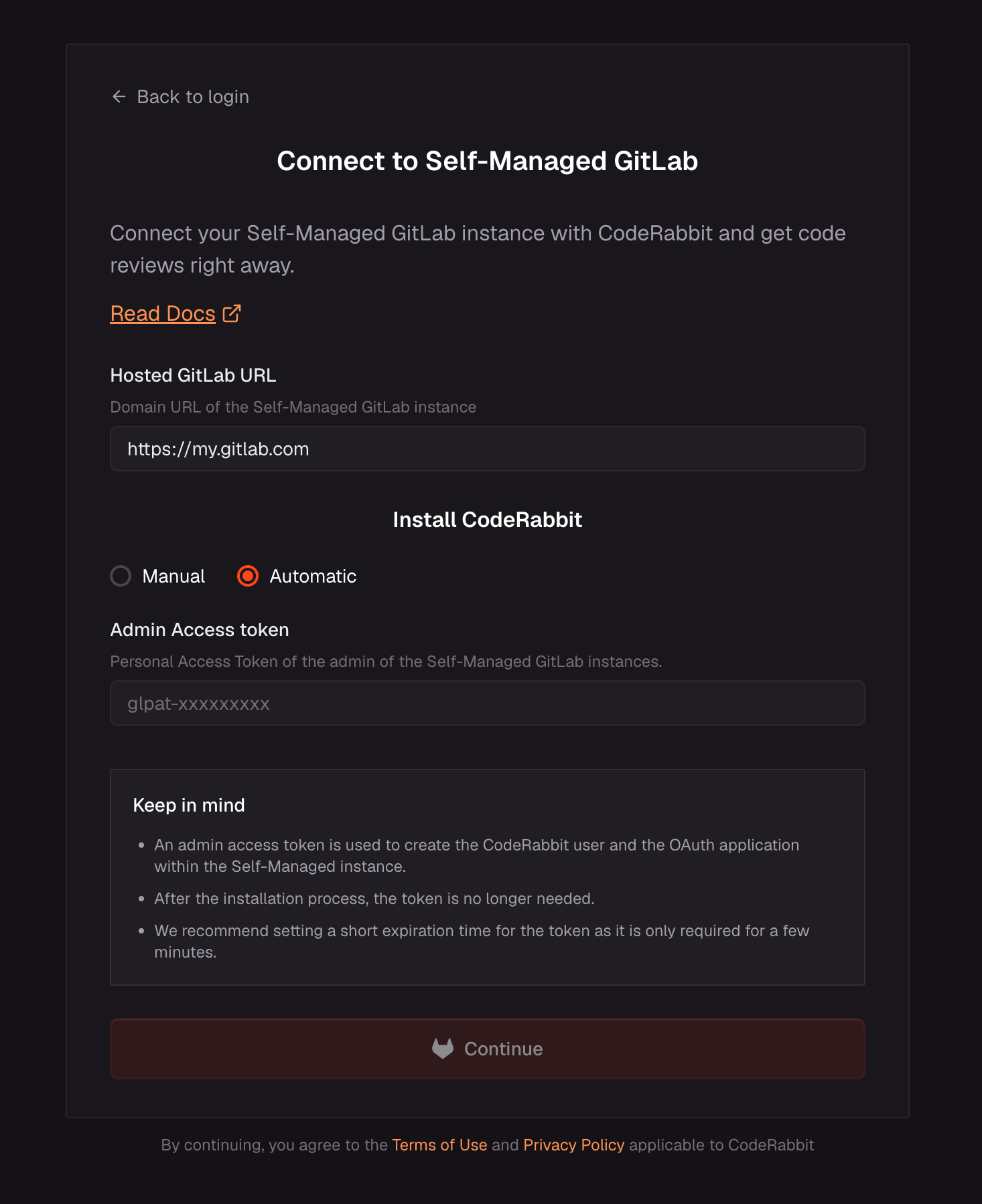 Connect to Self-Managed GitLab page with the Automatic install option selected and the Admin Access token field
