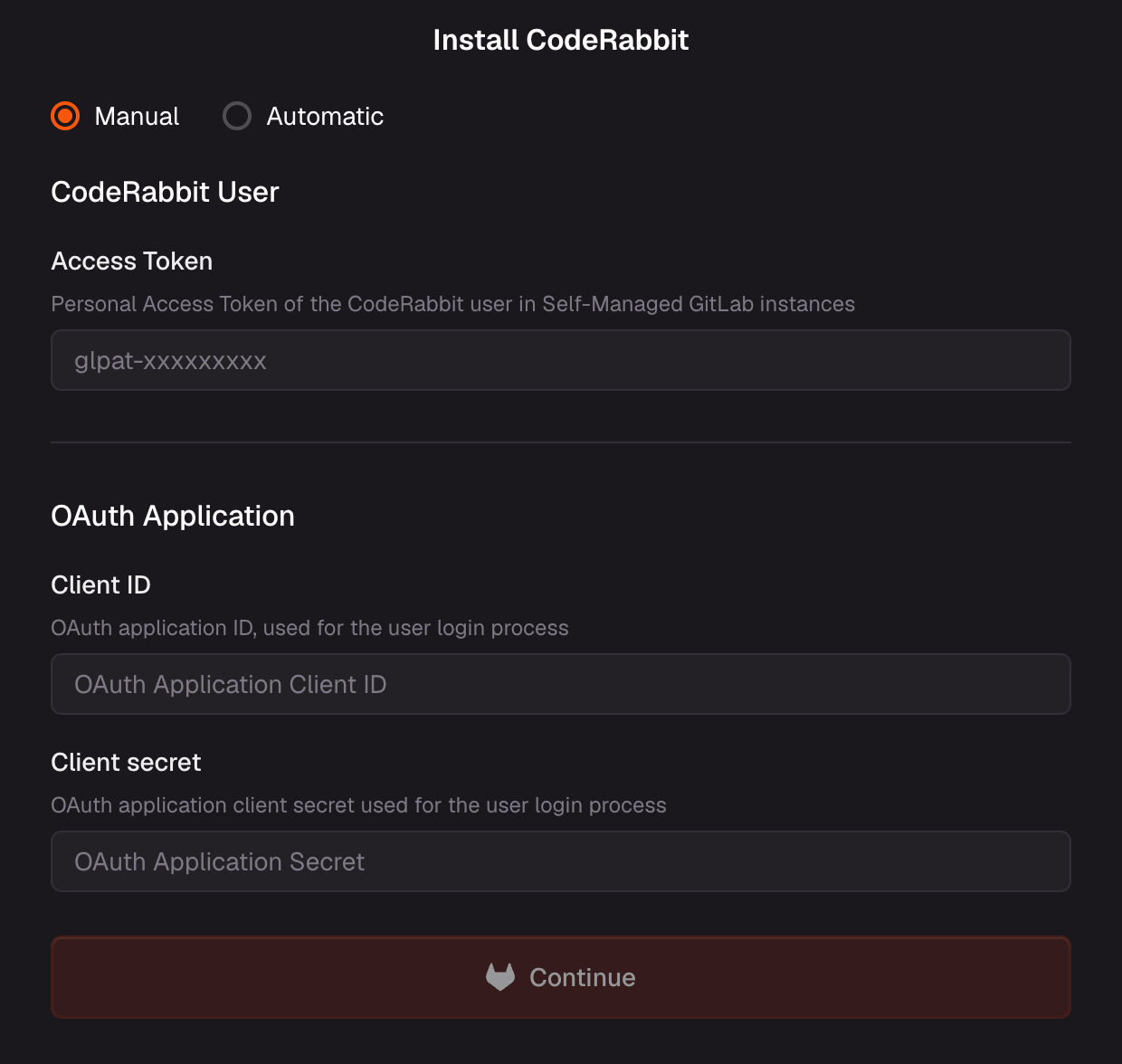 Install CodeRabbit form with the Manual option selected, showing the Access Token, Client ID, and Client secret fields