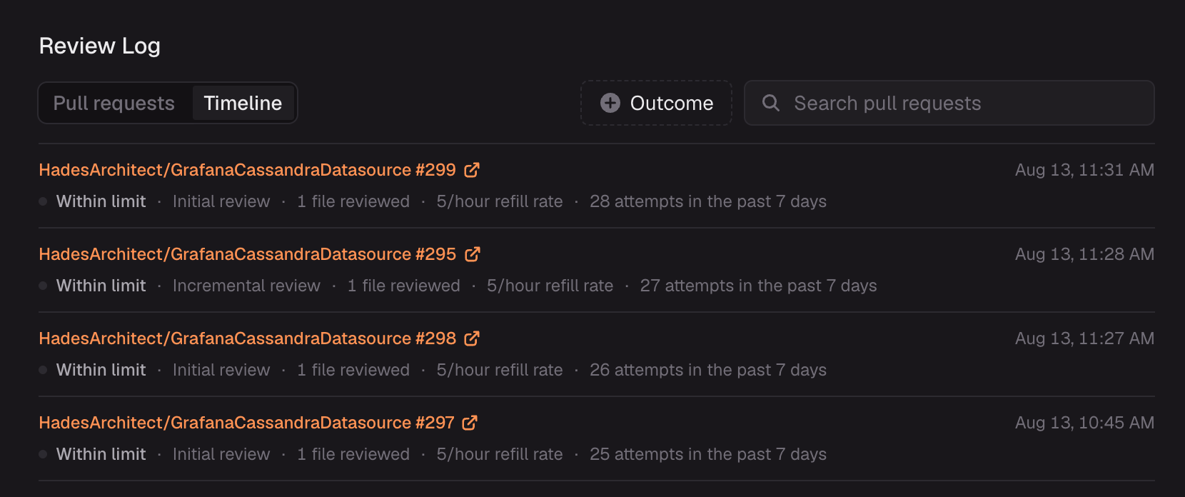Review Log in Timeline mode showing individual review events with outcomes and timestamps