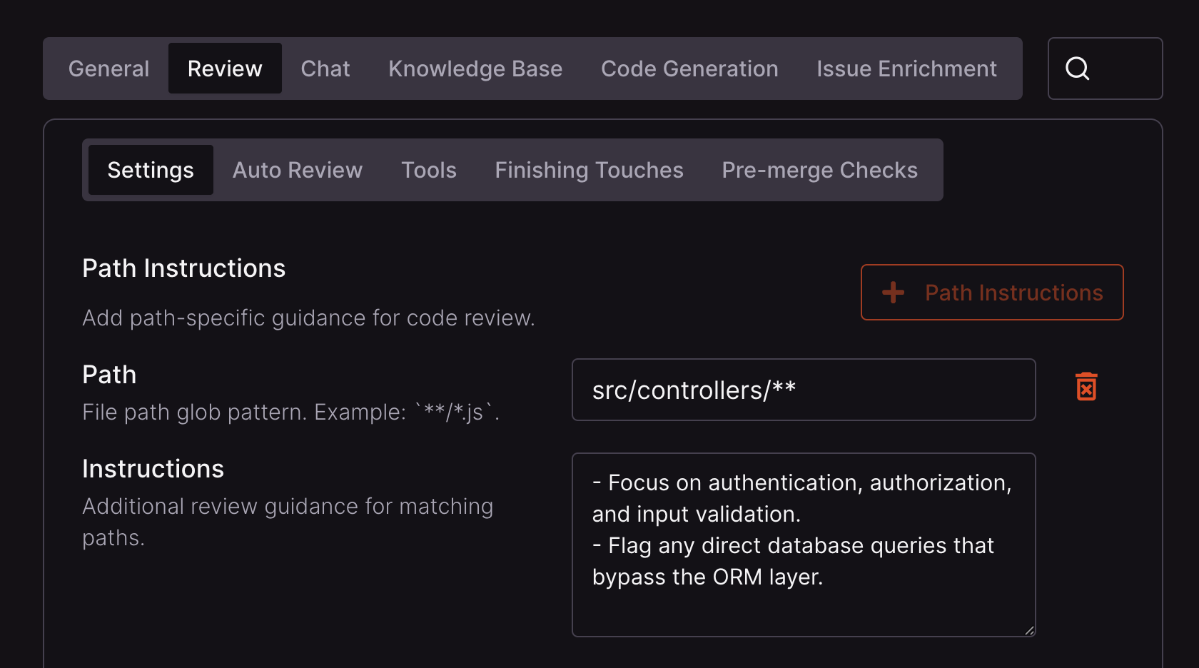 Path instructions configuration in the CodeRabbit web UI