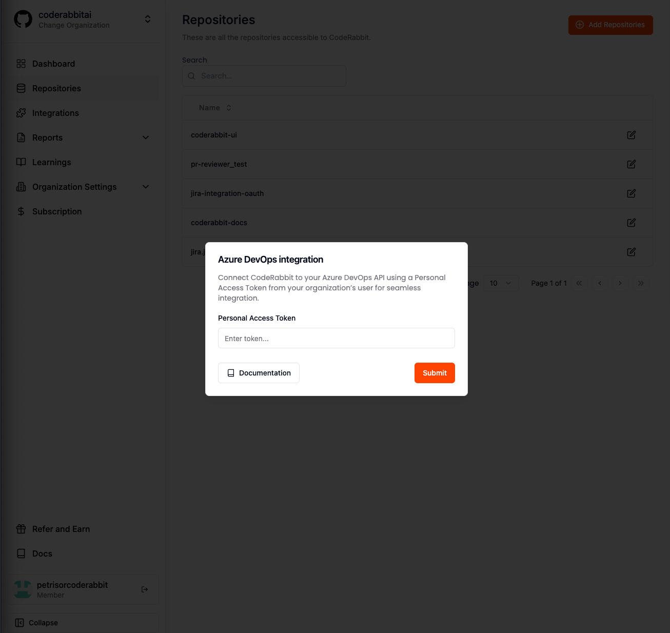 CodeRabbit Azure DevOps integration modal