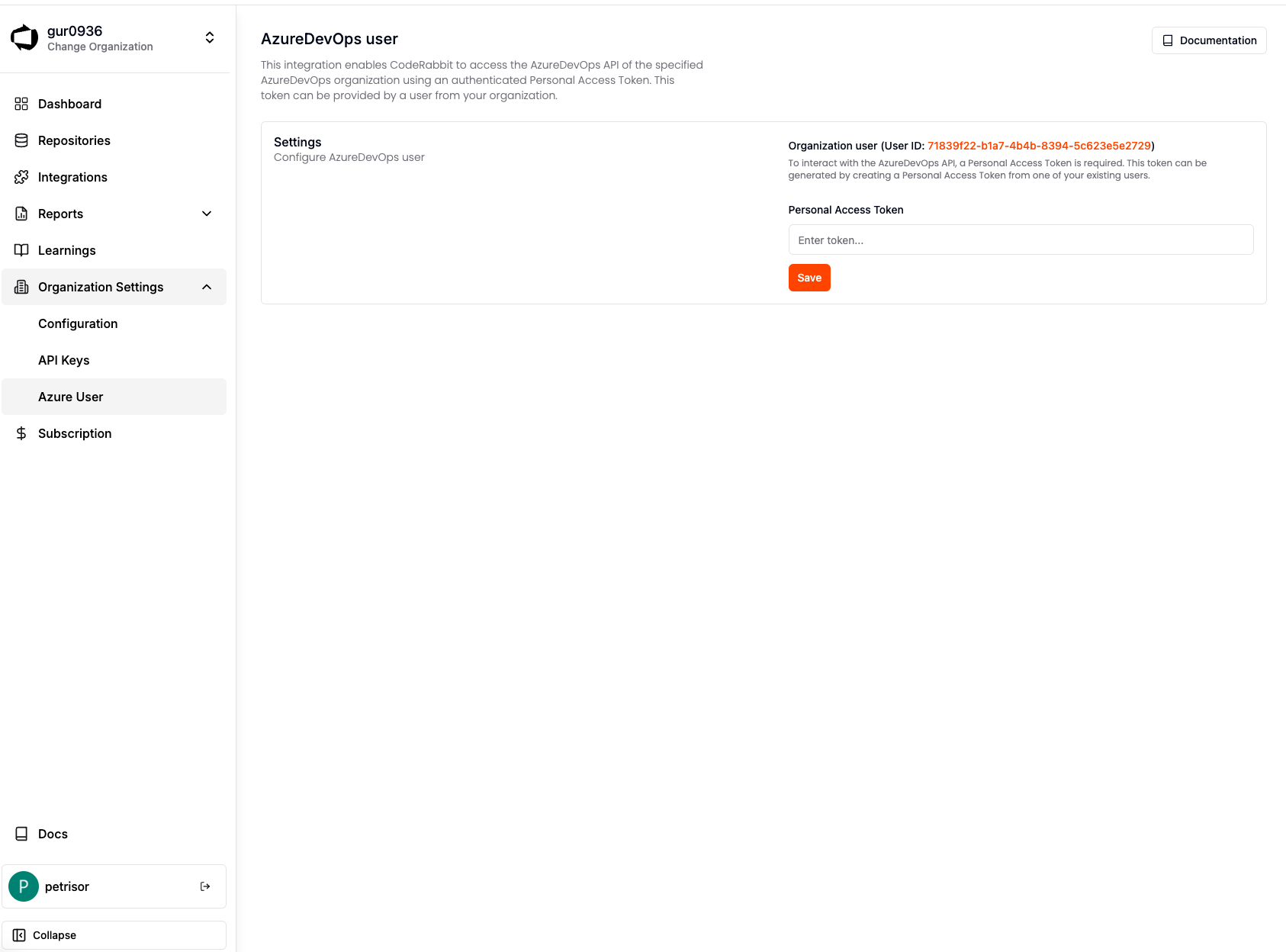 CodeRabbit Azure DevOps integration settings page