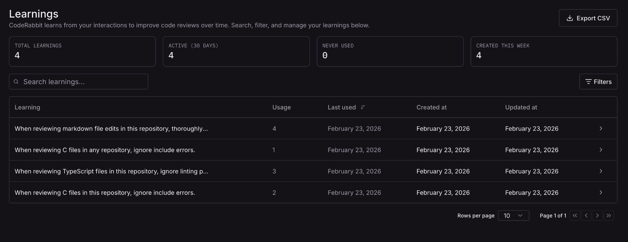CodeRabbit learnings dashboard