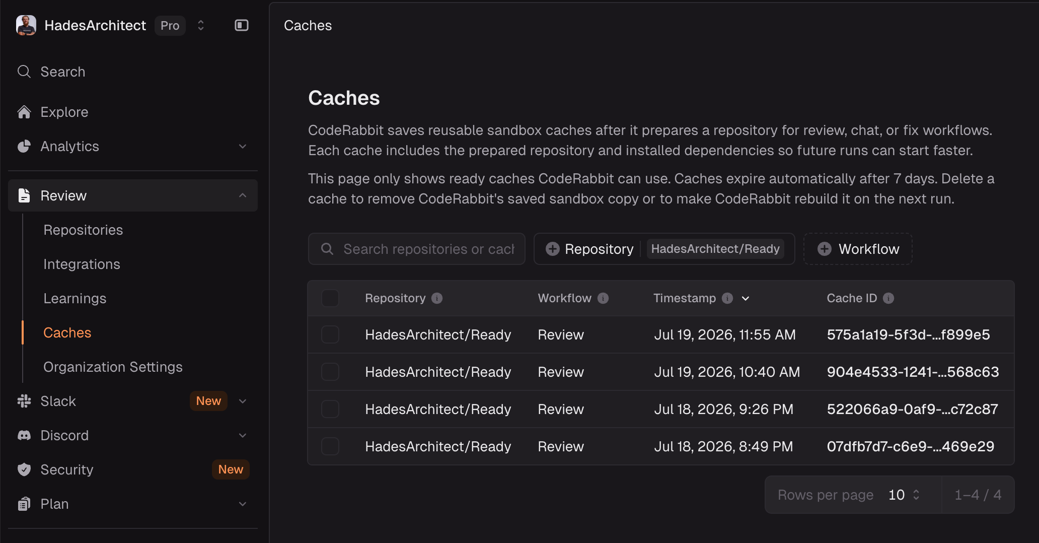 The Review > Caches page listing reusable sandbox caches, with search, filters, and a delete action for administrators