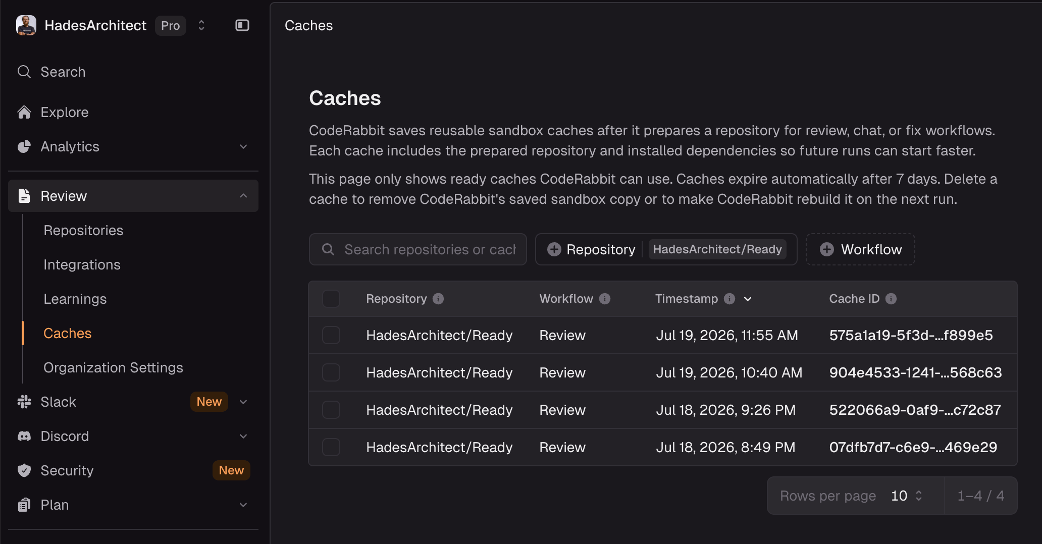 The Review > Caches page listing reusable sandbox caches, with search, filters, and a delete action for administrators