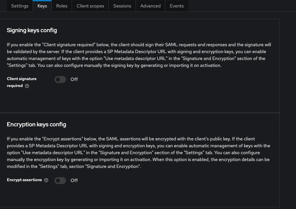 Keycloak client Keys tab with Client signature required toggled Off
