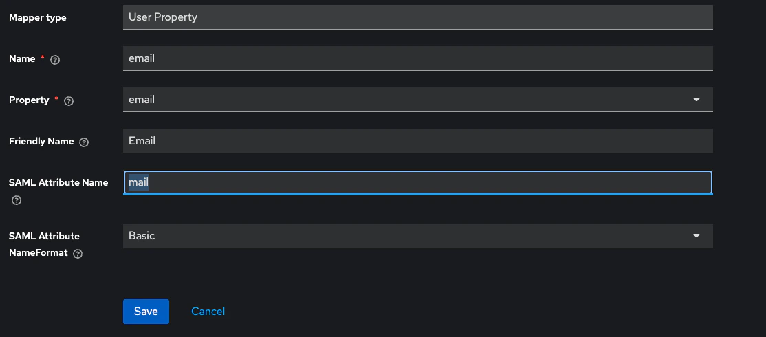 Keycloak User Property mapper configuration panel with Property set to email, SAML Attribute Name set to mail, and NameFormat set to Basic