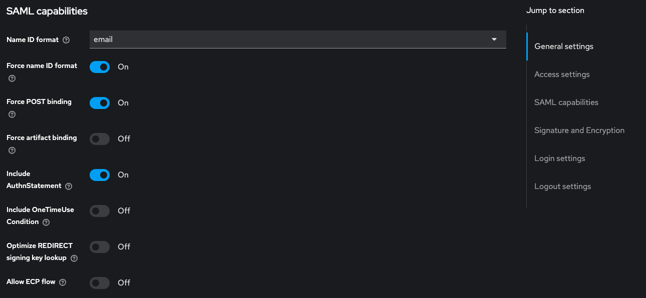 Keycloak client SAML Capabilities section configured with email Name ID format, Force POST binding On, and Include AuthnStatement On
