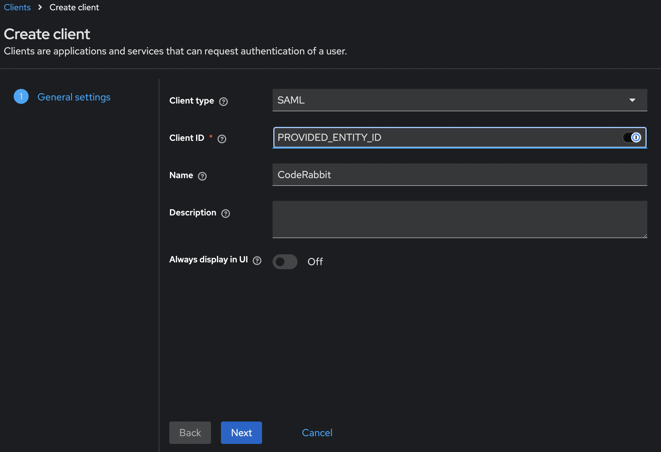Keycloak Create client General Settings screen with SAML selected and Client ID filled in