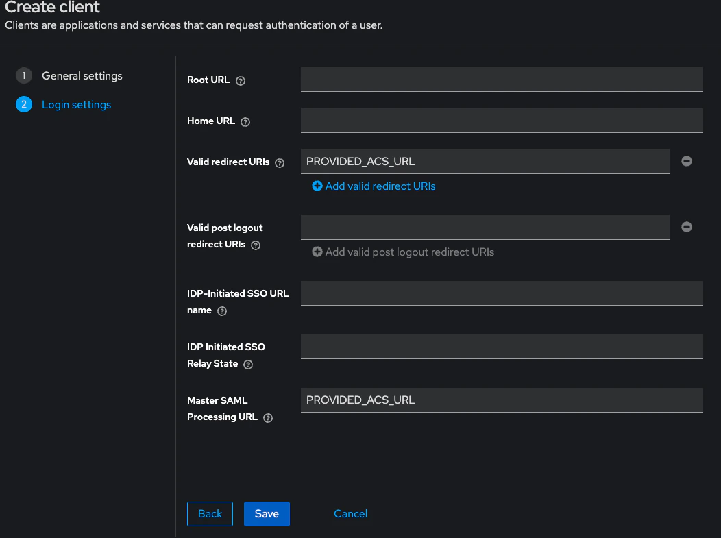 Keycloak Create client Login Settings screen with the ACS URL in both the Valid redirect URIs and Master SAML Processing URL fields