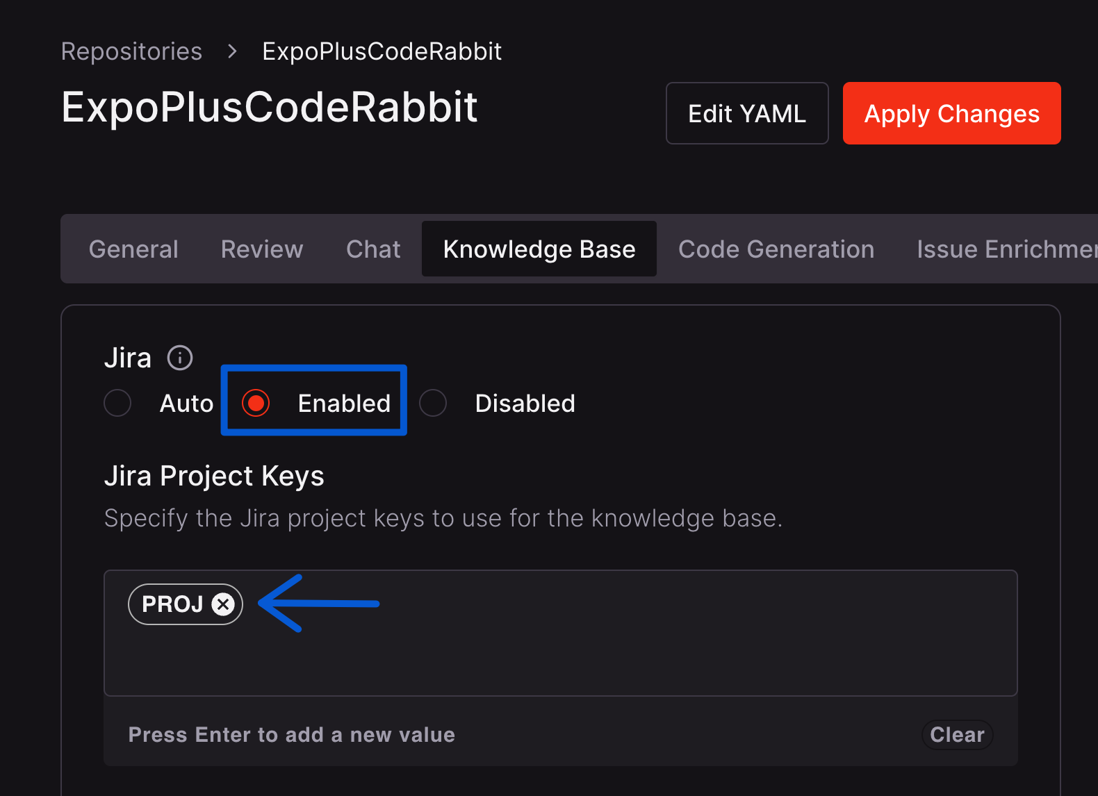 Jira integration setup showing project key configuration