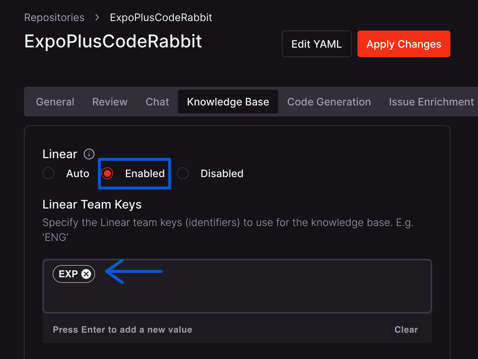 Linear integration setup showing team key configuration
