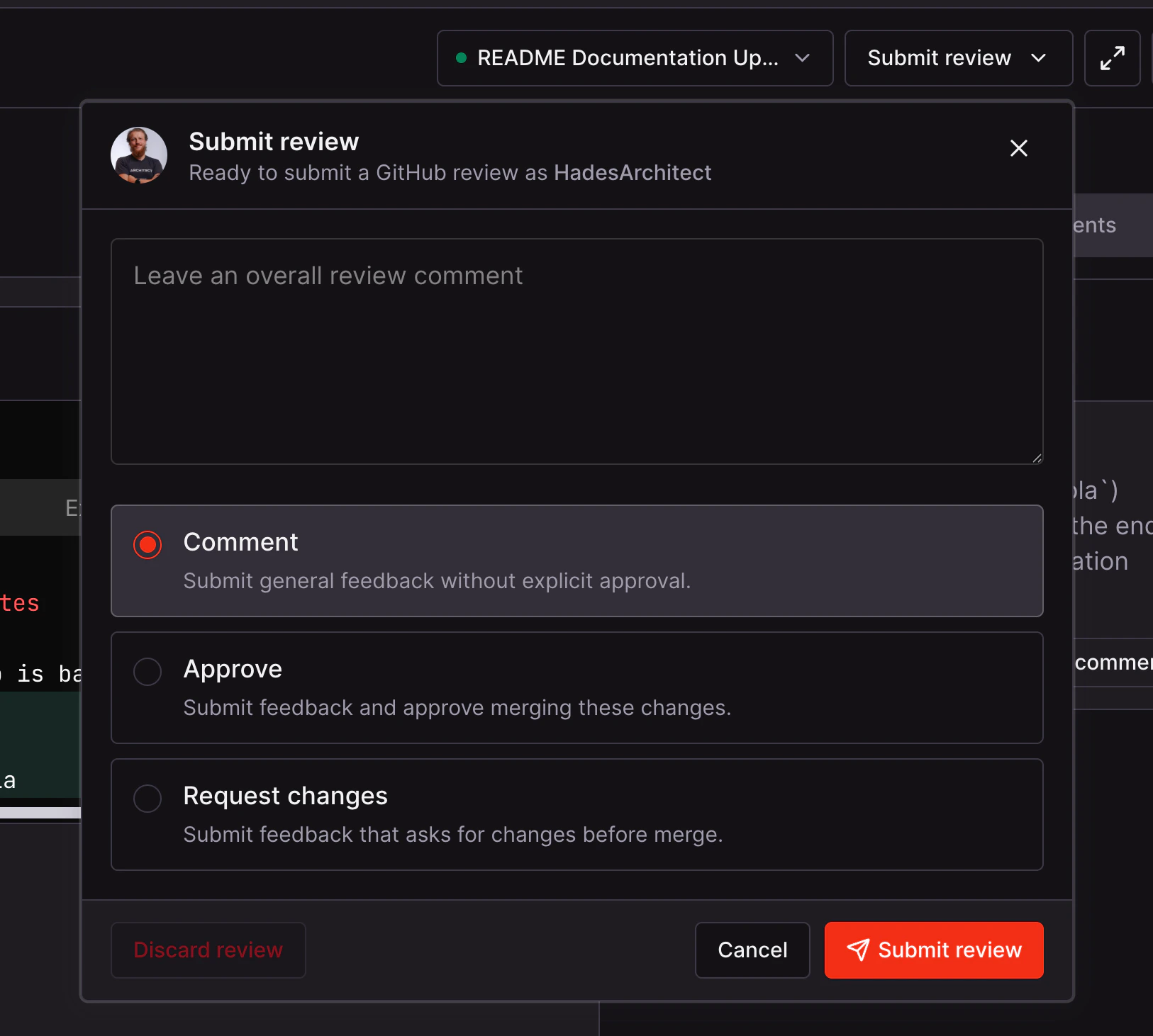 Submit review dialog showing Comment selected, with Approve and Request changes options, and a Submit review button