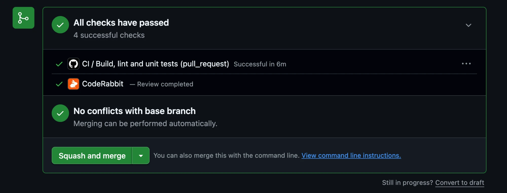 GitHub merge box listing a CI check and the CodeRabbit commit status with the description Review completed