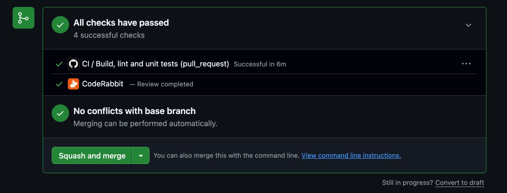GitHub merge box listing a CI check and the CodeRabbit commit status with the description Review completed