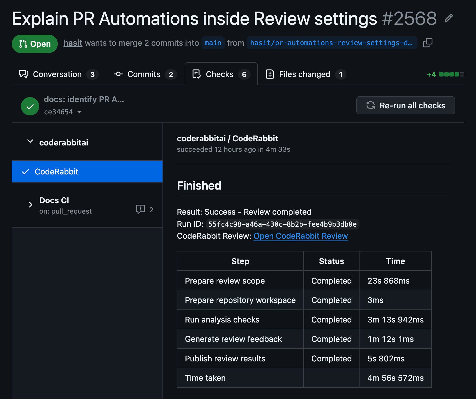 GitHub Checks tab showing the CodeRabbit check run titled Finished, with Result: Success - Review completed and a table of review steps, their status, and their duration
