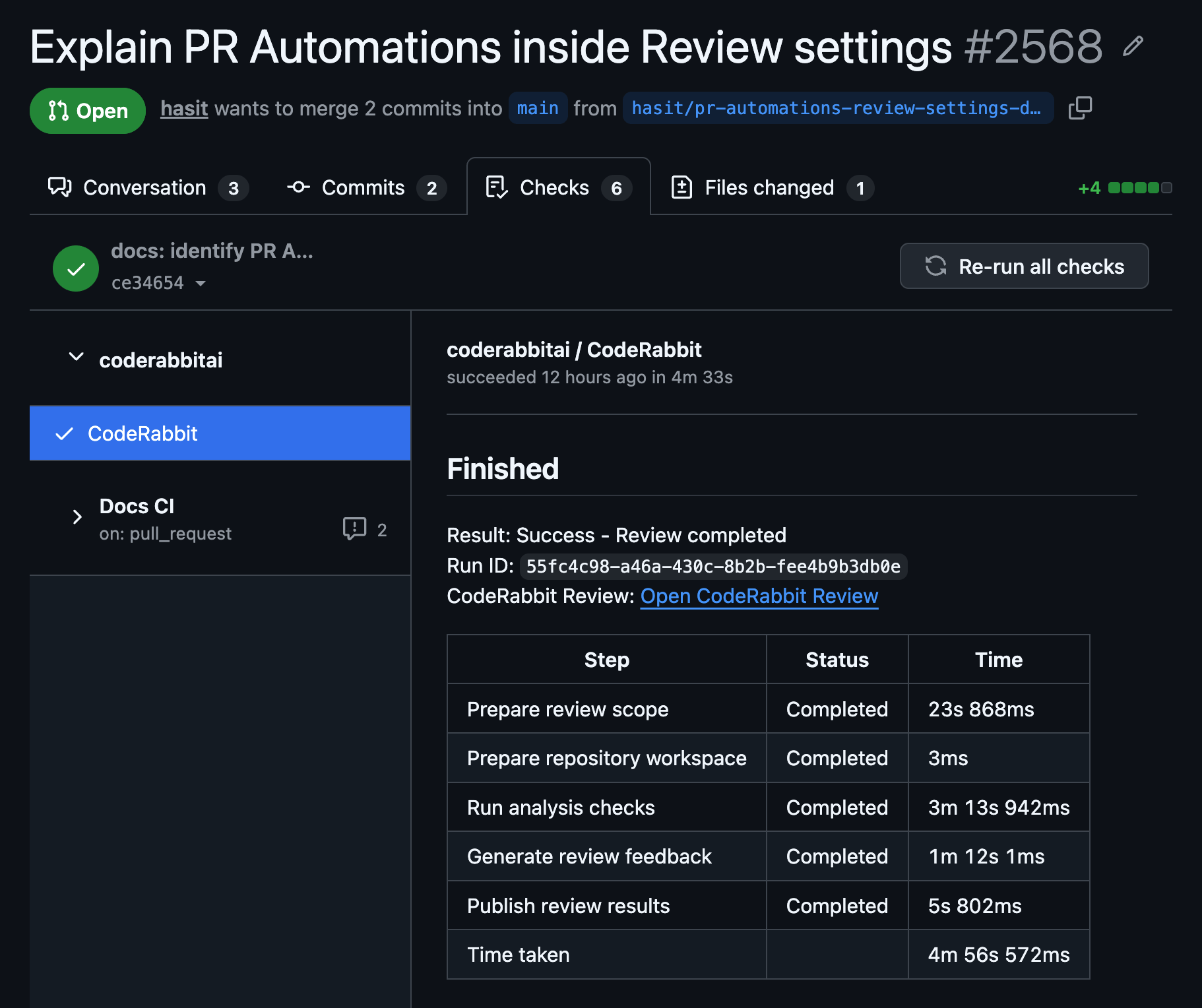 GitHub Checks tab showing the CodeRabbit check run titled Finished, with Result: Success - Review completed and a table of review steps, their status, and their duration