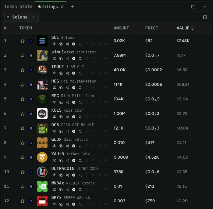 A holdings table on re.defined.fi listing each token a wallet holds with amount, price, and USD value columns