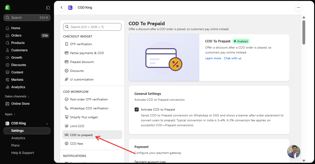 COD to prepaid in COD King Settings