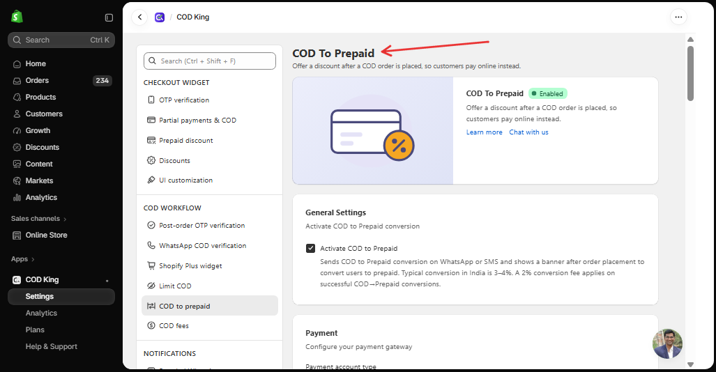 COD To Prepaid page