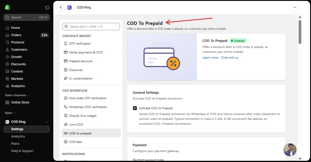 COD To Prepaid page