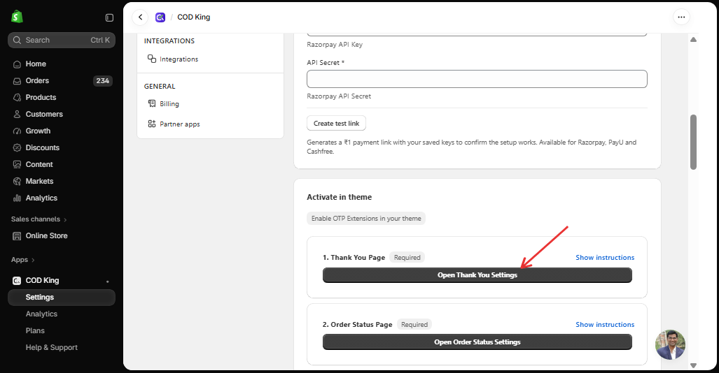 Open Thank You Settings