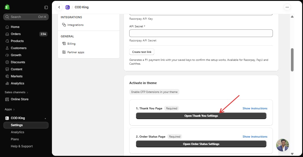 Open Thank You Settings