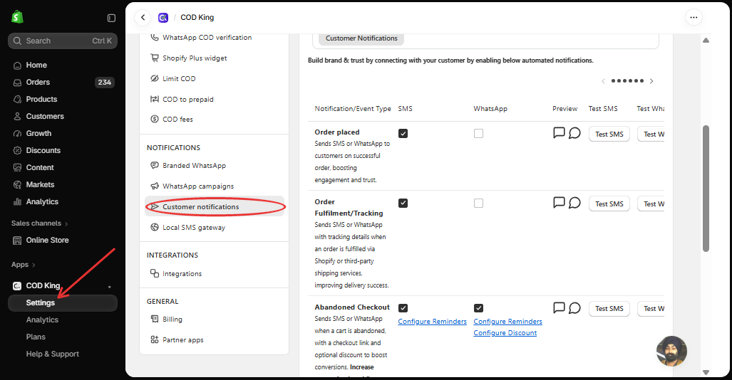 Customer notifications in COD King Settings