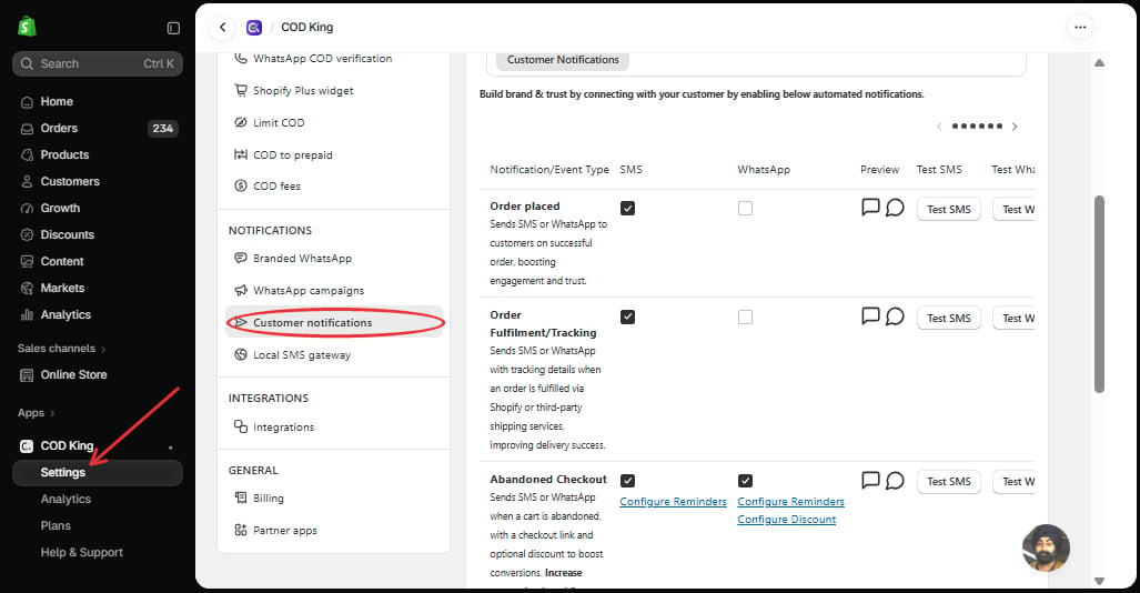 Customer notifications in COD King Settings