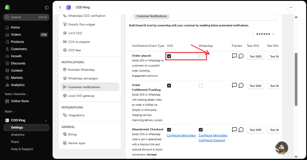 SMS and WhatsApp checkboxes for Order placed