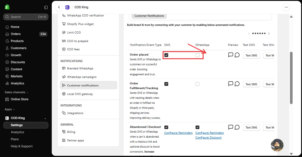 SMS and WhatsApp checkboxes for Order placed