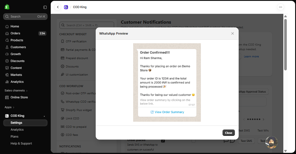 WhatsApp preview for Order placed