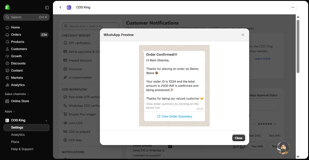 WhatsApp preview for Order placed