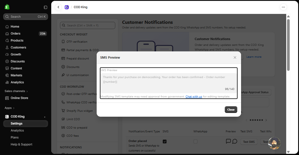 SMS preview for Order placed