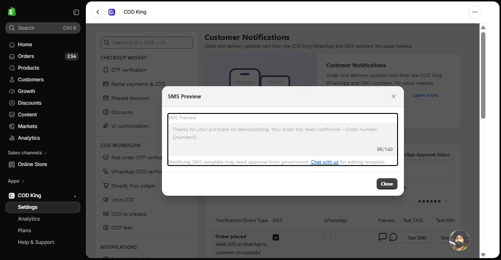 SMS preview for Order placed