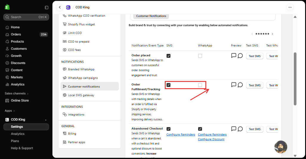 SMS and WhatsApp checkboxes for Order Fulfilment/Tracking