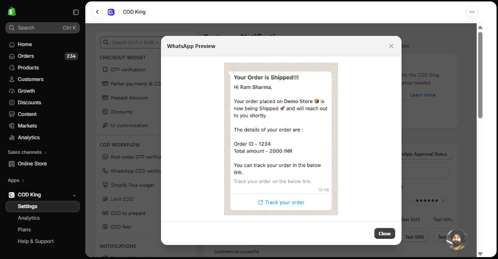 WhatsApp preview for Order Fulfilment/Tracking