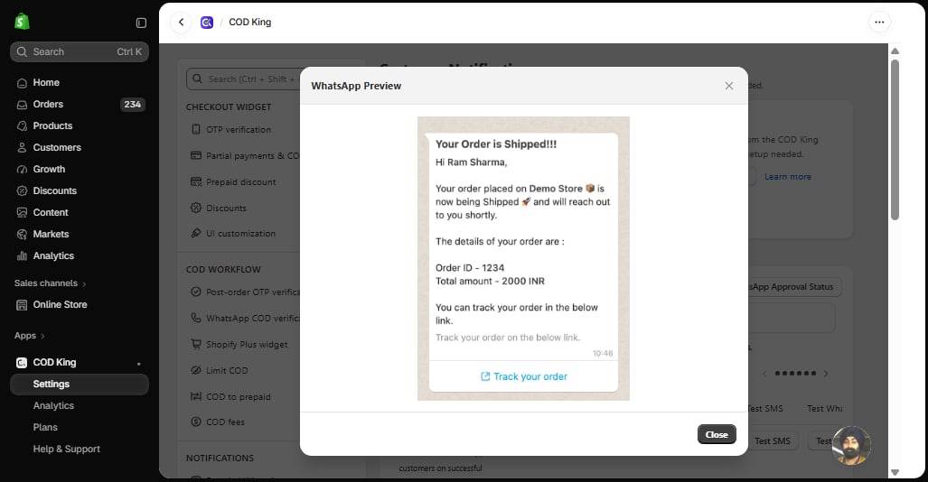 WhatsApp preview for Order Fulfilment/Tracking