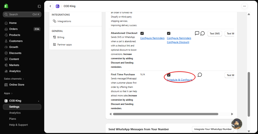 WhatsApp checkbox and Schedule & Configure link