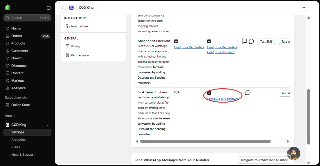 WhatsApp checkbox and Schedule & Configure link